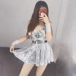 Stage Wear Bar Nightclub Concert Performance Dance Costume Silver Mirror Sequin Sling Short Dress Women Singer Dancer Show Party