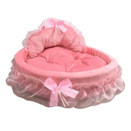 Hanpanda Fantasy Bow Lace Dog Bed Beds For Large Dogs Detachable Oval Pink Princess Pet Bed Basket For Dog Pet Wedding Furniture 240124