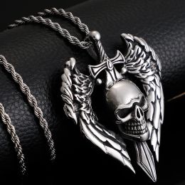 Punk Rock 14K White Gold Winged Skull Pendant Necklace For Men Gothic Skeleton Jewellery Accessories