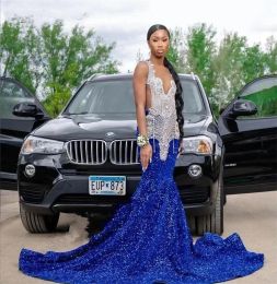 Royal Blue Long Mermaid Prom Dresses For Black Girls Beaded Crystal Evening Gowns Sequins Party Gown Robe De BC18132