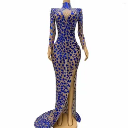 Stage Wear Shiny Long Sleeved Rhinestones Dress Women Blue Mirrors Evening Party Performance Festival Outfits XS7039