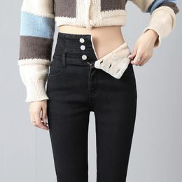 Winter Fleece High Waist Jeans for Women Classic Black Stretch Thickened Warm Slim Plush Velvet Pencil Denim Trousers 240124