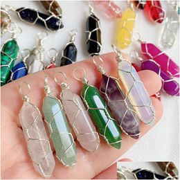 Pendant Necklaces Natural Stone Crystal Pendant Gold Sier Wire Wrap Pendum Reiki Healing Chakra Mticolor Quartz Purple Amethysts Point Dhae4