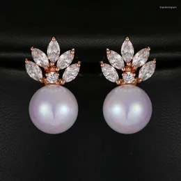 Stud Earrings Beautiful Women Bride Fashion Pearl Cubic Zirconia Rose Gold Color Jewelry Earring Brincos Wholesale E-030