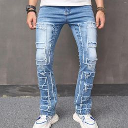 Men's Jeans Retro Slim Mid-Rise Distressed Destroyed Tapered Leg Denim Long Pants Streetwear