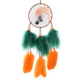 Dream Catcher Green Goose Feather and Orange Turkey Feather, Natural Leather, Handmade Dreamcatcher for Home Dorm Decor 1221234