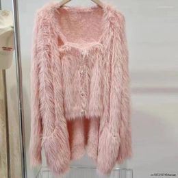Women's Knits Fluffy Cashmere Tanks Top Cardigan Mohair Pull Femme Solid 2 Sets Long Sleeve Knitted Loose Pink Y2k Clothes Sueter