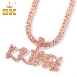 Necklaces THE BLING KING Custom Letters Double Layer Cursive Pendant Iced Out 9mm Pink Cuban Link Chain Necklace With Name Hiphop Jewellery