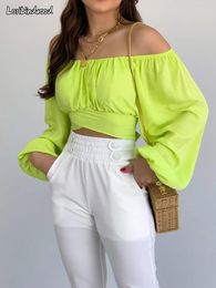 Women's Blouses 2024 Summer Sexy Backless T-shirt Top Women's Solid Naked Lantern Sleeves One Line Neck Lace Up Bubble Sleeve Shirt
