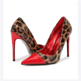 Dress Shoes 2024 Ly Women Patchwork 12cm Pumps Elegant Glossy Patent Leopard Print Stilettos High Heels Pointed Toe Bridemaids Shoe