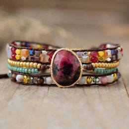 Bracelets Ethnic 3 Strand Red Irregular Natural Stones Wrap Bracelets Beaded Cord Vegan Braclet Women Sisters Bohemia Jewellery Bijoux