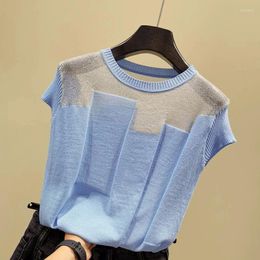 Women's Tanks Korean Patchwork Ice Silk Knitted Tops Women O-neck Short Sleeve Summer Tank Pullover Fashion Casual Blouse Blusas 8796