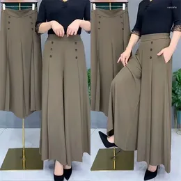 Women's Pants Summer Wide-leg Fashion Retro Pockets Loose Casual Cropped Trousers Office Ladies Elegant Vintage Suit