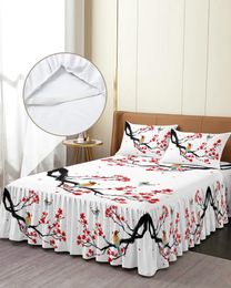 Bed Skirt Chinese Style Flower Bird Elastic Fitted Bedspread With Pillowcases Protector Mattress Cover Bedding Set Sheet