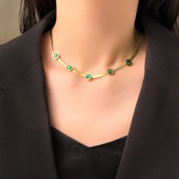 New Fashion Flat Snake Chain Choker Necklace Female 14k Yellow Gold Green CZ Necklace for Women Jewellery Gift