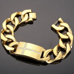 Yellow Gold 14K Golden Cross Bracelet For Men 20Mm Curb Cuban Chain Mens Bracelets Faith Christian Gifts Jewelry 567534 s s