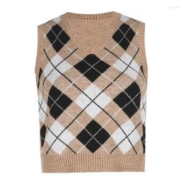 Women's Tanks Women Vintage Knitted Sleeveless Vest Preppy Argyle Plaid Print Brown Sweater V-Neck Pullover Jumper Crop Top F0T5