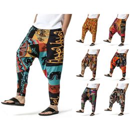 Mens Harem Pants Novel Printed Baggy Pants with Pockets Cotton Blend Trousers 240126