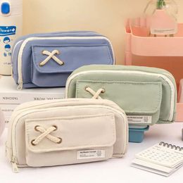 Cosmetic Bags Large Capacity Pencil Bag Stationery Holder Box Aesthetic Canvas Pen Case Three-layer Zipper Pouch School Supplies