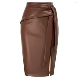 Skirts KK Women Polyurethane Leather Skirt OL High Waist Front Slit Y2k Gothic Cool Girl Fashion Bodycon Vintage Retro Streetwear