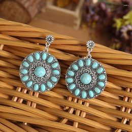 Stud Earrings 2024 Wholesale Retro Bohemian Turquoise European And American Exaggerated Ethnic Style Carved Lace Jewellery For Women