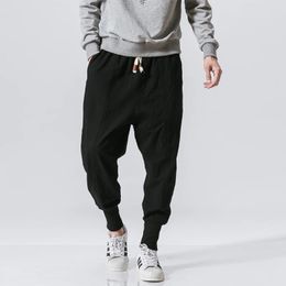 Spring Casual Oversize Harem Pants Men Streetwear Solid Colour Harajuku Baggy Pants Cotton Linen Elastic Waist Joggers For Man 240126