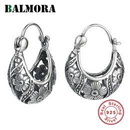 Earrings BALMORA 925 Sterling Silver Ethnic Hollow Flower Clip Earrings for Women Mother Lover Gift Retro Elegant Fashion Jewelry