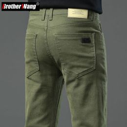 Autumn Men's Slim Stretch Jeans Fashionable and Versatile Soft Fabric Denim Pants Army Green Coffee Male Brand Trousers 240122