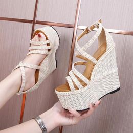 Sandals Summer 16cm High Heel Wedges 14cm Fashion Thick Bottom Platform Open Toe Ladies Leather Gladiator