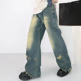 Men's Jeans Men Retro Casual Mid-rise Pockets Wide Leg Long Denim Pants Hip Hop Style Ripped Holes Washed