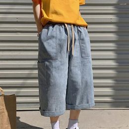 Jeans da uomo Pantaloni cargo elasticizzati in vita elastica con tasche multiple in denim a tinta unita con gamba larga dritta e corta estiva da uomo
