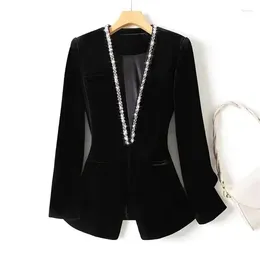 Women's Suits Gold Velvet Beaded Women Blazer 2024 Korean Fashion Autumn Long Sleeve Office Work Blazers Lady Jackets Coat Female Tops