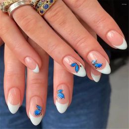 False Nails 24pcs/Box Blue Butterfly Full Cover Almond Press On French Nude Detachable Fake Nail Tips With Design