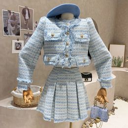 High Quality Korean Style Tweed Suit Women Fall Tassel Jacket Short Coat Waist Mini Pleated Skirt Two Piece Set Female 240124