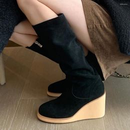 Boots Women's Natural Suede Leather Side Zip Wedge Autumn Knee High 8.5cm Heel Casual Female Slim Long Shoes Woman 33