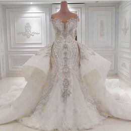 Luxury 2020 Real Image Lace Mermaid Wedding Dresses With Detachable Overskirt Dubai Arabic Portrait Sparkly Crystals Diamonds Brid267w