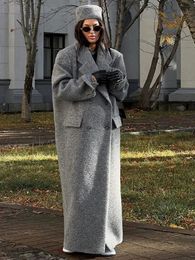 Elegant Grey Woollen Blends Long Coats Women Causal Loose Double Breasted Pockets Overcoat Winter Warm Oversized Lady Jacket 240122