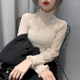 Women's Blouses Turtleneck Lace Autumn Winter Long Sleeve Mesh Top Blouse Women Blusas Ropa De Mujer