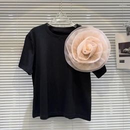 Women's T Shirts BORVEMAYS Mesh 3D Flower Patchwork T-shirt Temperament O Neck Shrot Sleeve Elegant Summer 2024 Tops Women WZ7939
