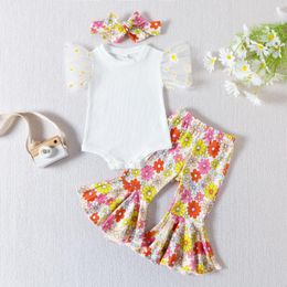 Clothing Sets Baby Girls Summer Outfit White Mesh Sleeve O Neck Romper Floral Flared Pants Headband Suit