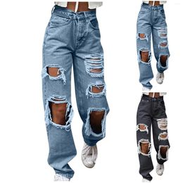 Women's Jeans Harajuku Women Fashion Street Ripped Details Straight Leg Denim Trousers Simple Casual Baggy Pocket Pants Ropa De Mujer