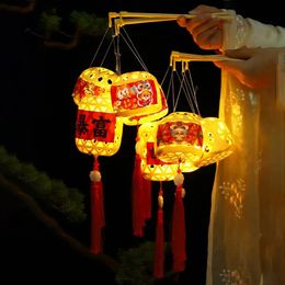 Handmade Bamboo Weaving Lantern with Tassels Wood Handle Stickers 2024 Year of Dragon Chinese Spring Festival Decoratio 240119