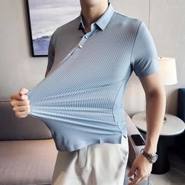 Men's Polos High Stretch Ice Silk Seamless Dark Striped Short-sleeved Shirts Top Quality Summer Lapel Shirt Slim Button-up