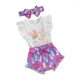 Clothing Sets Baby Girl Easter Clothes Letter Print Sleeve Romper With Shorts And Bow Headband 3Pcs Casual Outfit