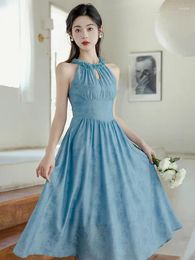 Casual Dresses French Women Vintage Print Floral Halter Blue Dress Sleeveless Elegant Fairy Robe Rouge Midi Long Jacquard For Prom