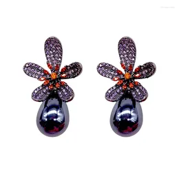 Dangle Earrings FXLRY Luxury Fashion Purple Flower Pearl Drop Earring For Women Bridal Wedding Jewellery