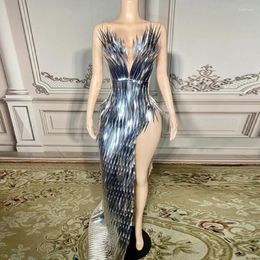 Stage Wear Shinning Sliver Sequined Sexy Strapless High Slit Sheath Dress Evening Party Performance Costume Nightclub Singer Dancer