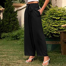 Women's Pants Summer Sweatpants For Women 2024 Streetwear Cotton Elastic Drawstring Waist Loose Wide Leg Solid With Pockets Pantalones