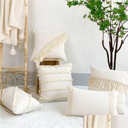 Cushion/Decorative Pillow Cushiondecorative Boho Style Linen Cotton Er Home Decorative Beige Cushion With Tassels Solid Throw Cases Dhovo