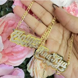 Necklaces 18K Gold Plated Double Layers Nameplate Necklaces Customized Name Pendant Hiphop 3D Necklace For Women Personalized Gifts